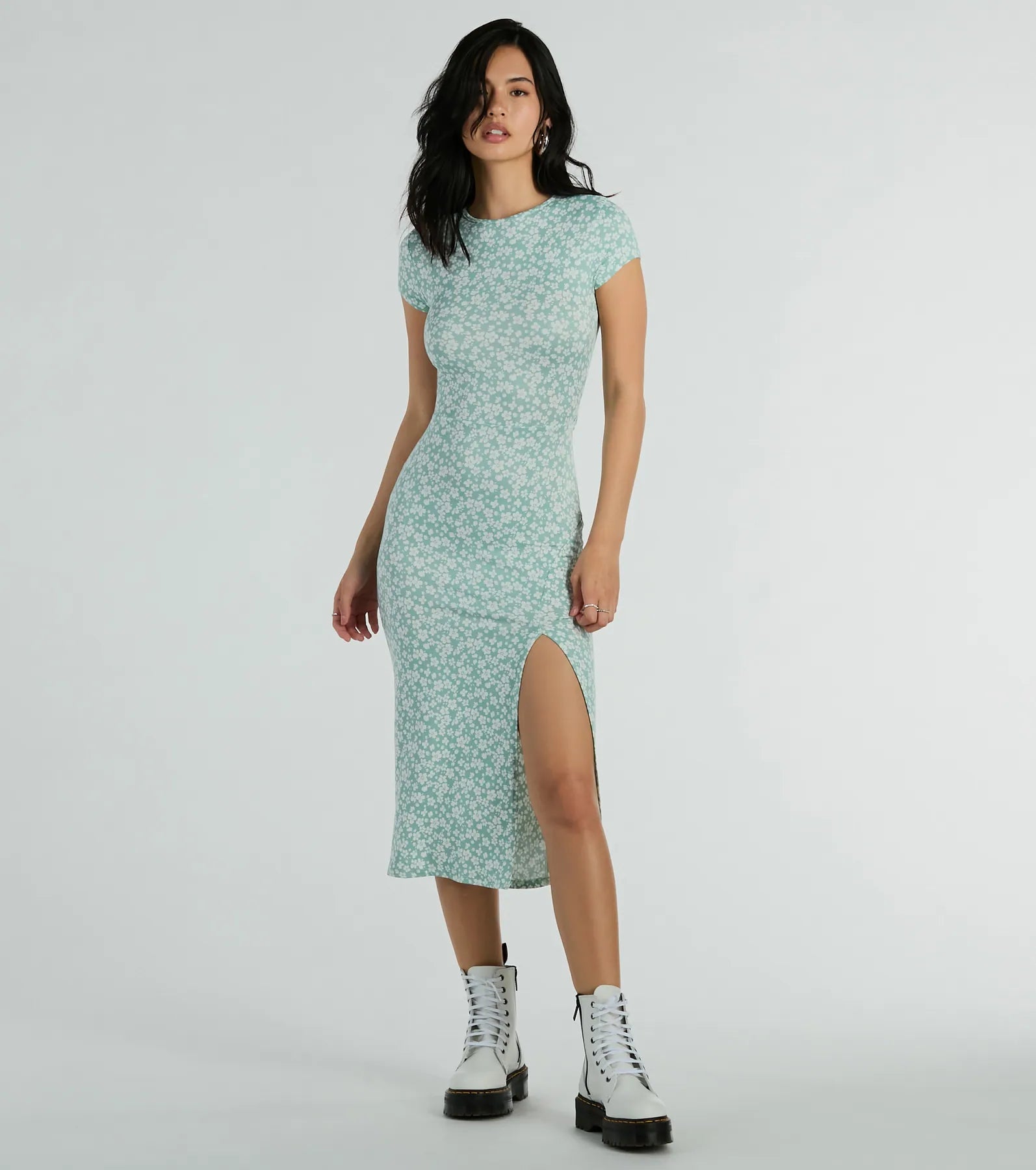 Spring Fling High Slit Ditsy Floral Knit Midi Dress Modern Women's Tech