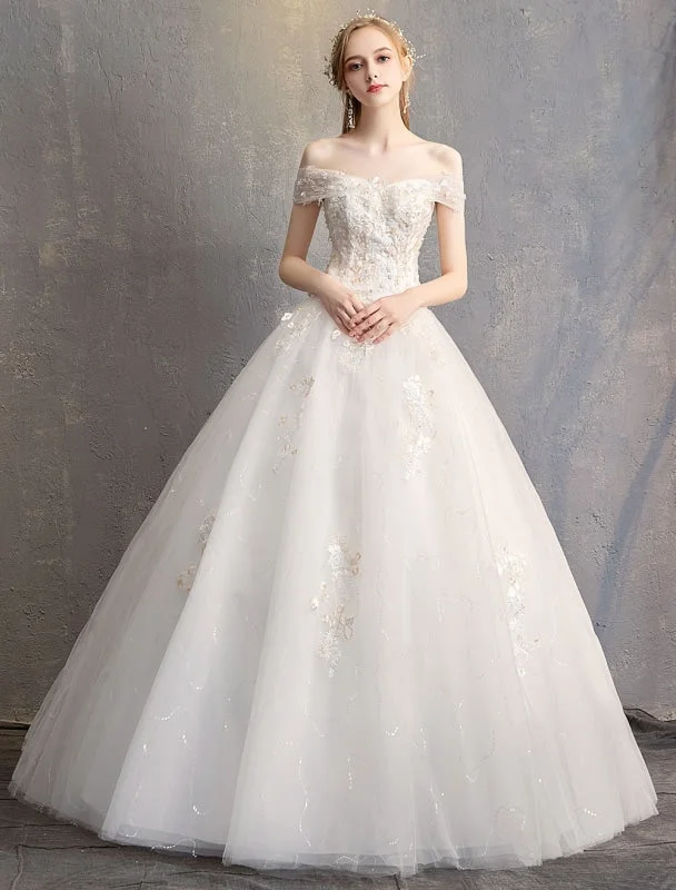 Princess Ball Gown Wedding Dresses Off The Shoulder Ivory Lace Beaded Floor Length Bridal Dress Vacation