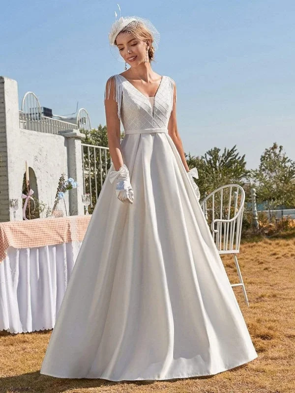 White Intage Wedding Dress V-Neck Sleeveless Natural Waist Satin Fabric Floor-Length Fringe Traditional Dresses For Bride Dapper Women's Bow - adorned