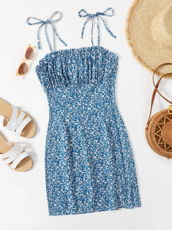 Ditsy Floral Ruched Bust Sleeveless Spaghetti Strap Pencil High Waist Short Dress Bold Women's Animal Print