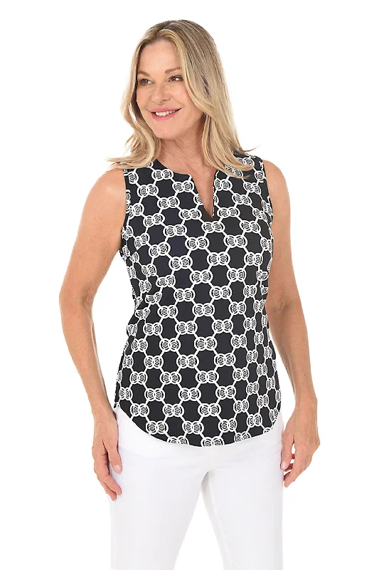 Double Medallion UPF50+ Split Neck Sleeveless Top Stylish Women's Tropical 