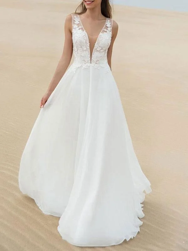 Simple Wedding Dress A Line V Neck Sleeveless Lace Illusion Back Bridal Gowns Luxurious Women's High -  end