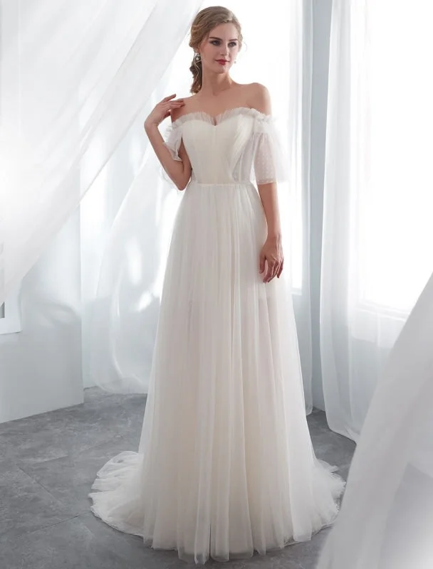 Ivory Wedding Dresses Off Shoulder Half Sleeve Tulle Beach Bridal Dress With Train Laid - back Women's Vibe