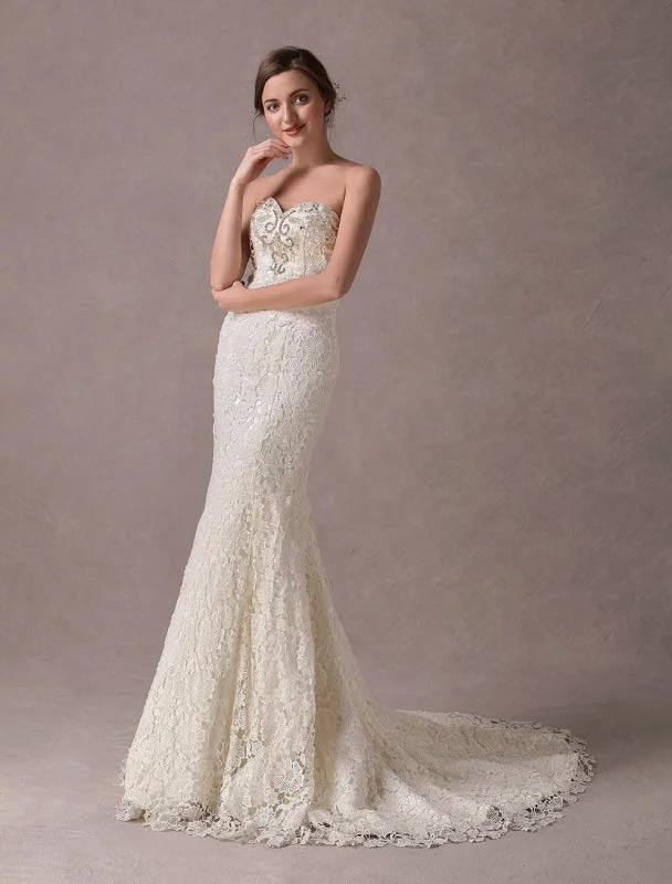Mermaid Wedding Dresses Lace Strapless Ivory Sweetheart Beaded Bridal Dress With Train Exclusive Casual Women's Japanese 