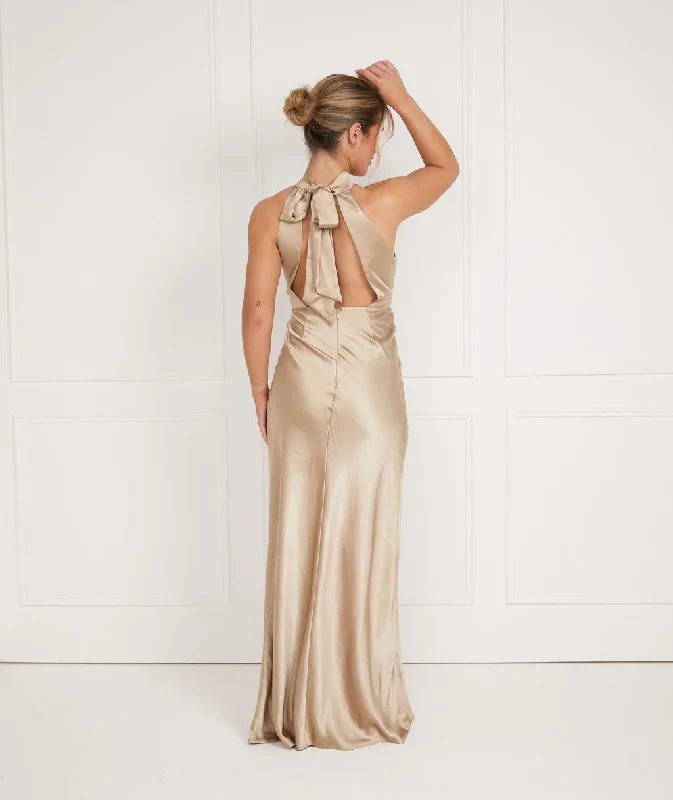 Halter Neck Satin Bridesmaid Dress - Champagne Feminine Women's Style 