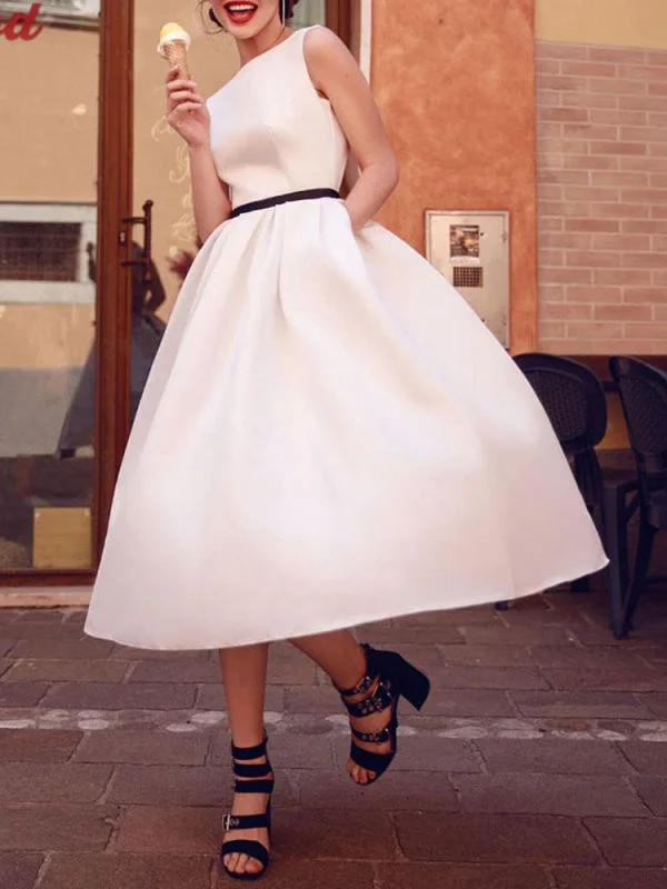 Vintage Wedding Dresses 2021 Bateau Neck Sleeveless Color Stitch The Waist Sash Tea Length Bridal Gowns Trendy Women's Oversized