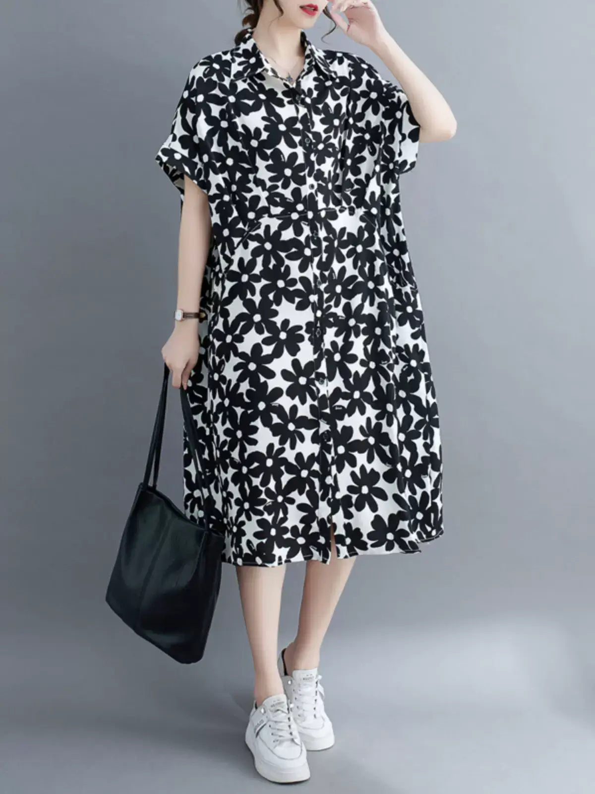 Babakud Women Vintage Charm Floral Pocket Shirt Midi Dress Monochromatic All - in - one