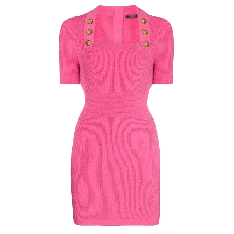 Smocked Square Collar Short Sleeve Zip Back Office Midi Dress (Rose Red/Black) purpose