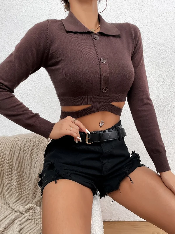 Casual Plain Button Front Long Sleeve Polo Crop Women Sweater Youthful Women's Pop
