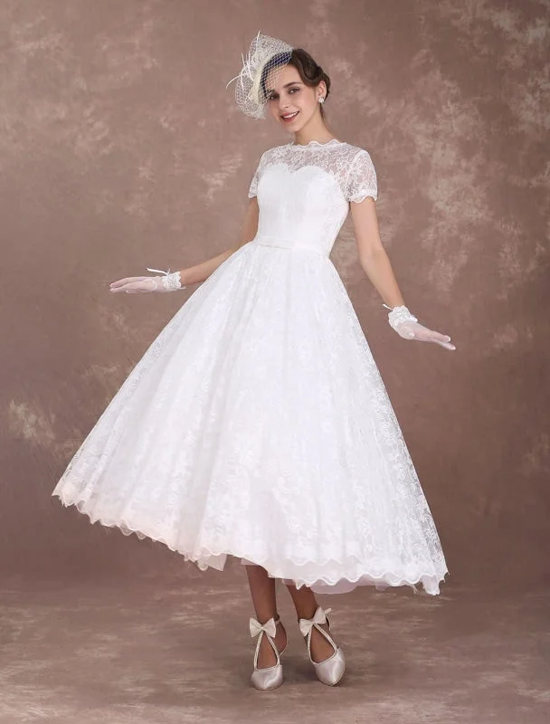 Lace Wedding Dresses Short Sleeve 1950'S Vintage Bridal Dress Sweetheart Illusion Ivory A Line Tea Length Wedding Reception Dress Exclusive performance