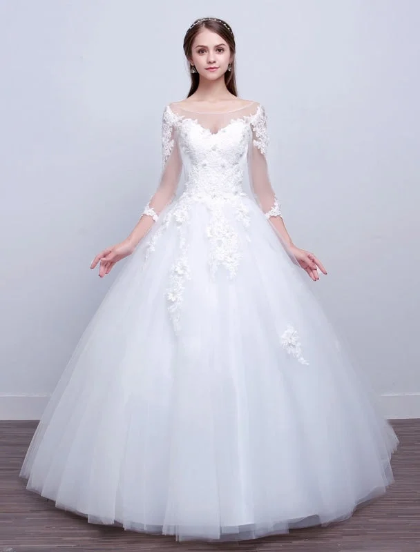 Princess Ball Gown Wedding Dresses Long Sleeve Lace Illusion Ivory Floor Length Bridal Dress Elegant Women's Formal 