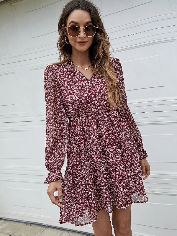 Ditsy Floral Ruffle Long Sleeve Notched Flared High Waist Short Dress Classic Women's Pin - striped