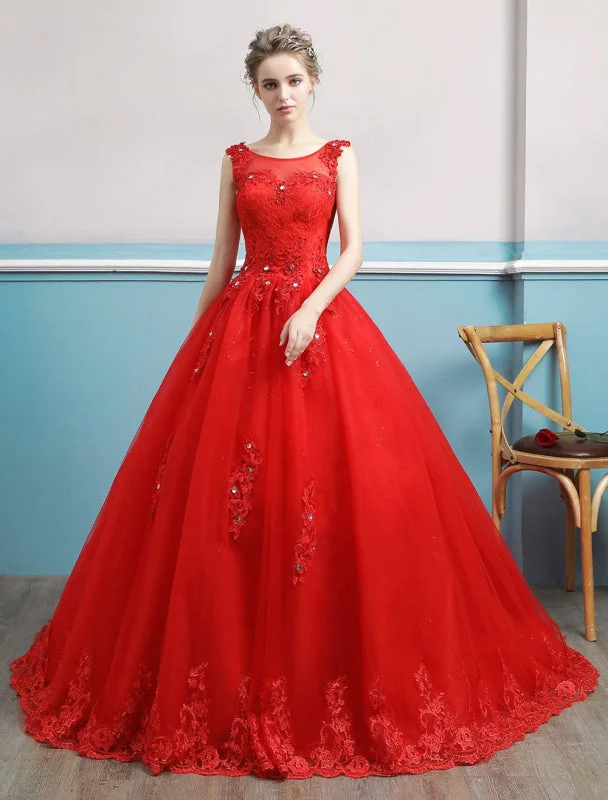 Red Wedding Dresses Lace Applique Beaded Princess Ball Gowns Train Bridal Dress Laid - back Women's Vibe