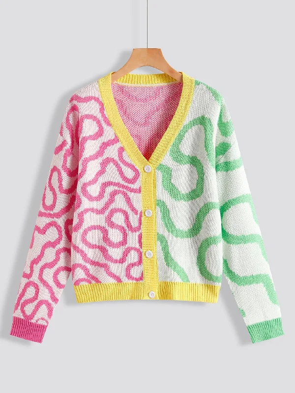 Casual All Over Print Button Front Long Sleeve V Neck Regular Women Cardigan French