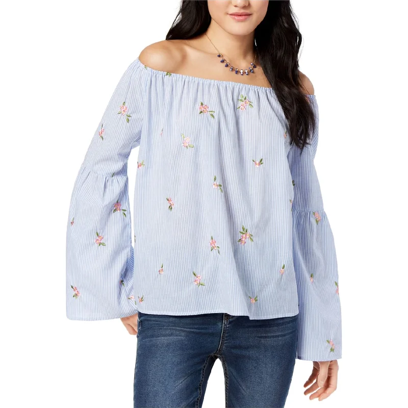 Gypsies & Moondust Womens Striped Embroidered Off the Shoulder Blouse, Blue, Small Street