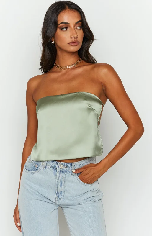 Ibiza Olive Satin Strapless Top Earthy Women's 