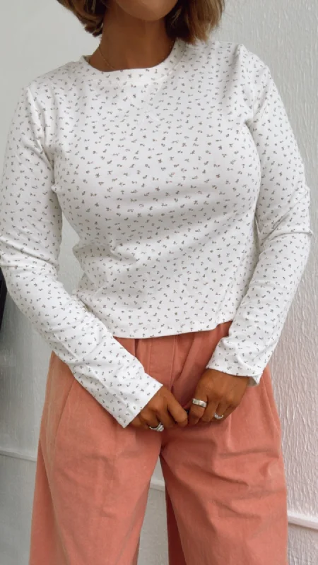 Daisy Dainty Floral Long Sleeve Top, White Elegant Women's 