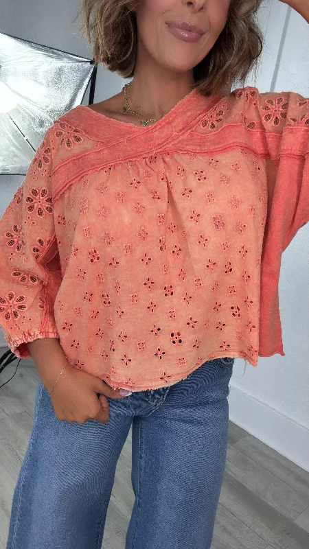 Oli & Hali: On The Bright Side Washed Eyelet Top, Orange Elegant Women's Formal 