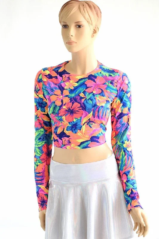 Neon Tahitian Floral Long Sleeve Crop Unique Women's Upcycled