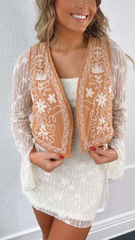 Into You Floral Embroidered Vest,  Camel Refined Women's Hand - crafted