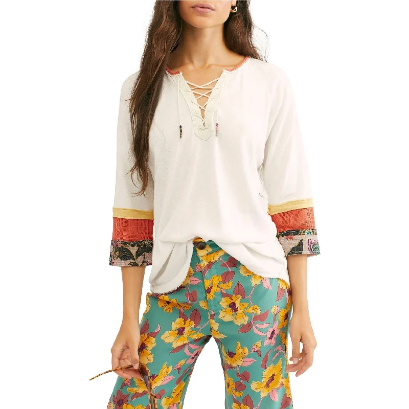Free People Womens Lace-Up Collar Peasant Blouse, White, Small Laid - back Women's Vibe