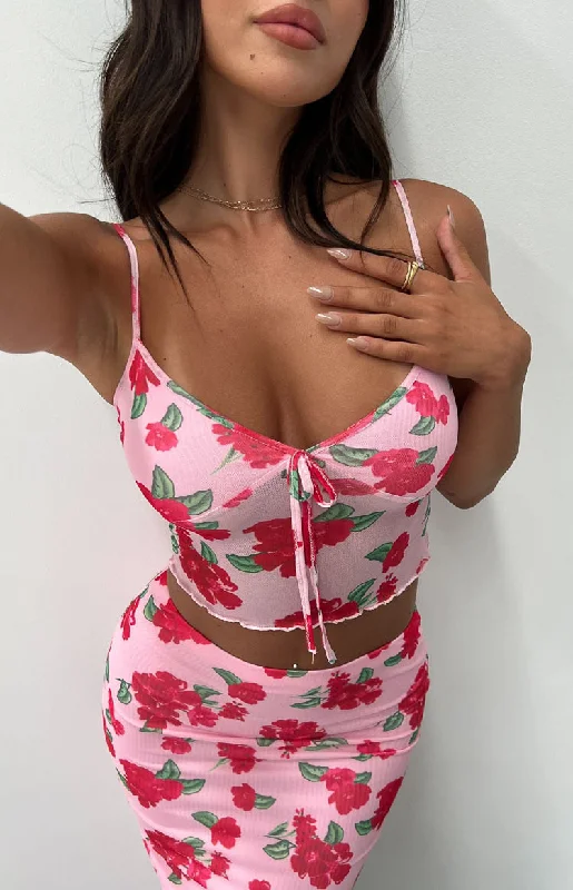 Emz Pink Floral Mesh Cami Sporty Women's Tennis