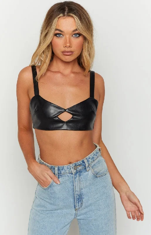 Annalise Black PU Crop Top Bold Women's Animal Print