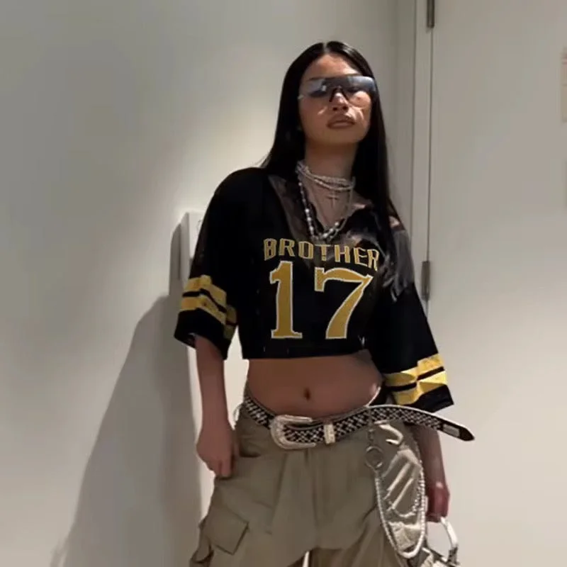 17 Black & Yellow Laced Jersey Crop Top Refined Women's Velvet