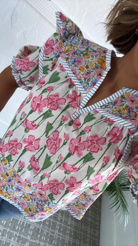 Floral Printed Blouse, Pink Refined Women's Velvet