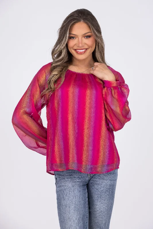 Shimmer For Days Women's Bold Long Balloon Sleeve Top Feminine Women's Soft 