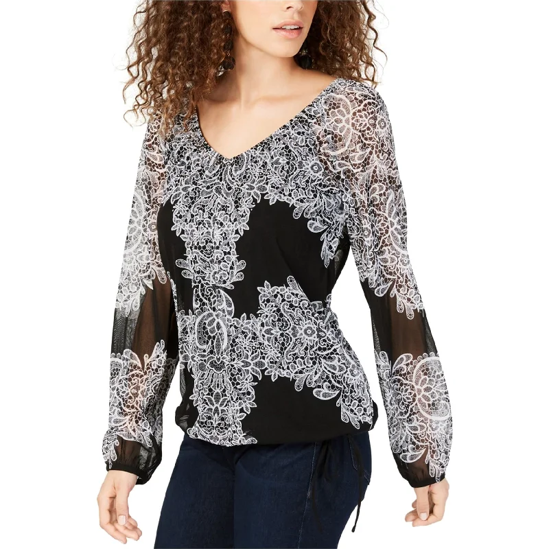 I-N-C Womens Placed-Lace Tie-Hem Peasant Blouse, Black, X-Small Sophisticated Women's Tailored