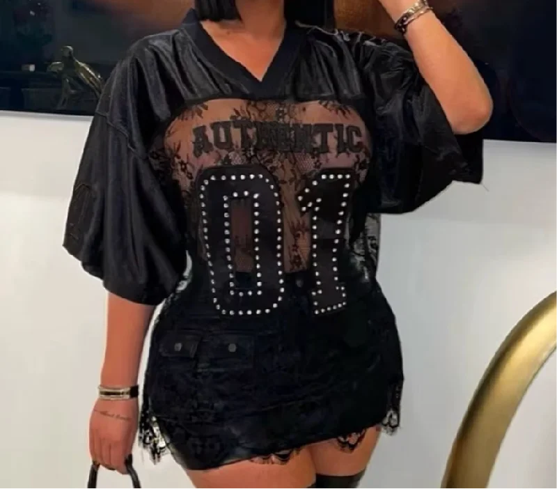 01 Black Lace Jersey Top Artistic Women's Hand - painted