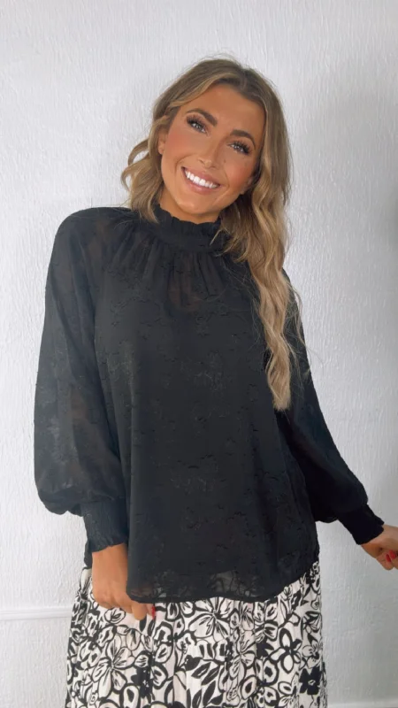 Fancy That Long Sleeve Floral Detail Blouse, Black Cashmere