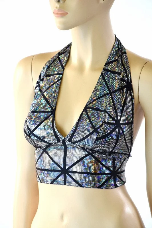 Silver on Black Cracked Tiles Halter British Gentlewoman Style