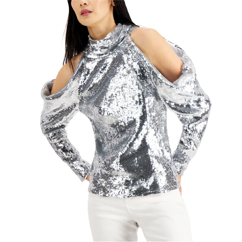 I-N-C Womens Sequin Cold Shoulder Blouse Cashmere
