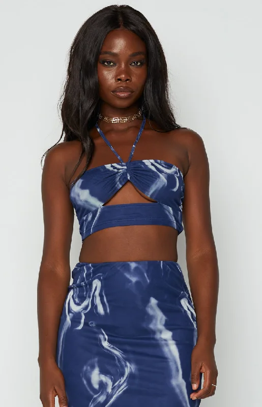 Brianna Navy Mesh Crop Top Elegant Women's Formal 