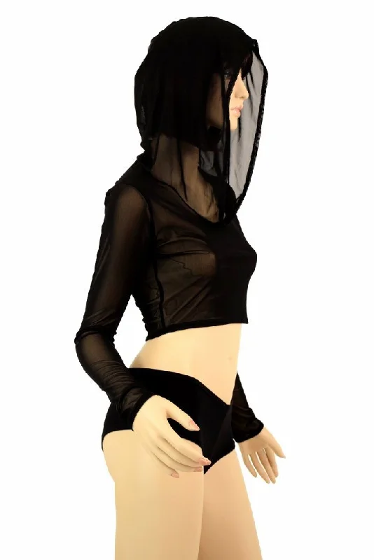 Mesh Hoodie Crop Top Monochromatic Office Style
