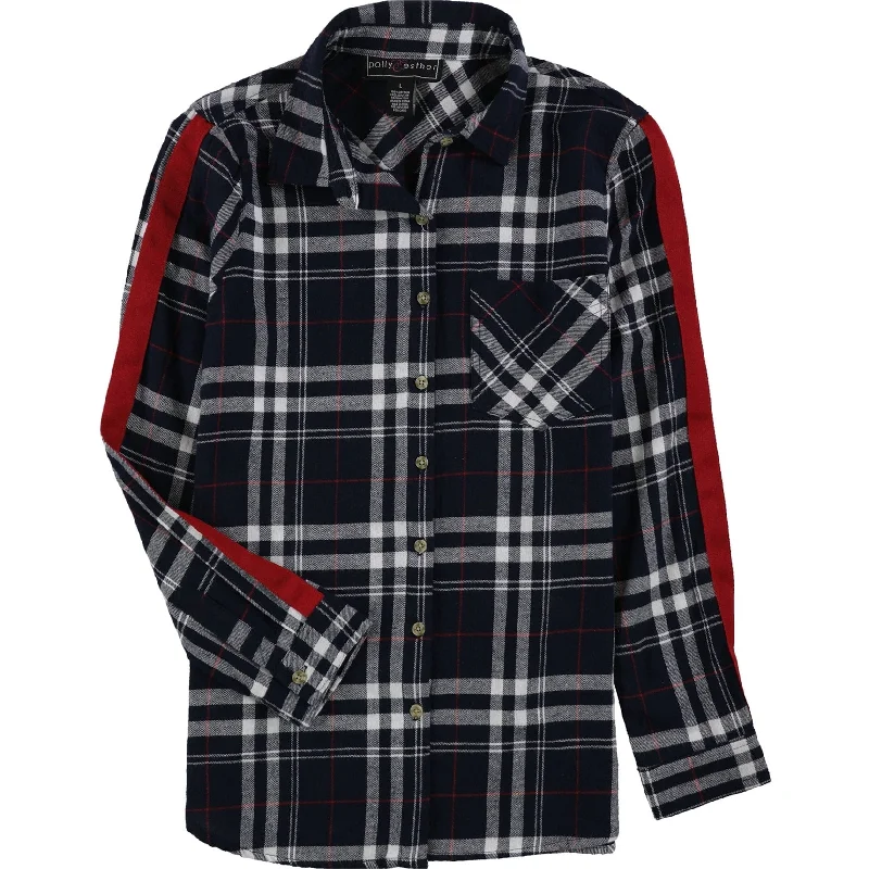 polly & esther Womens Plaid Button Up Shirt, Blue, Large Country