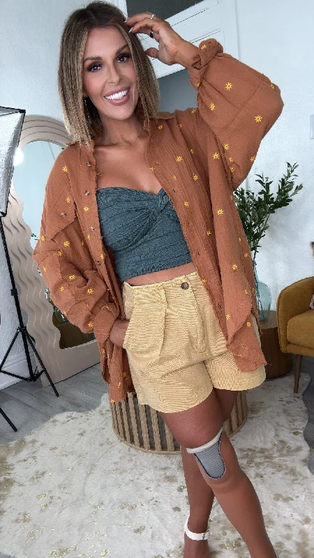Sunny Days Embroidered Button Up, Camel Laid - back Women's Vibe
