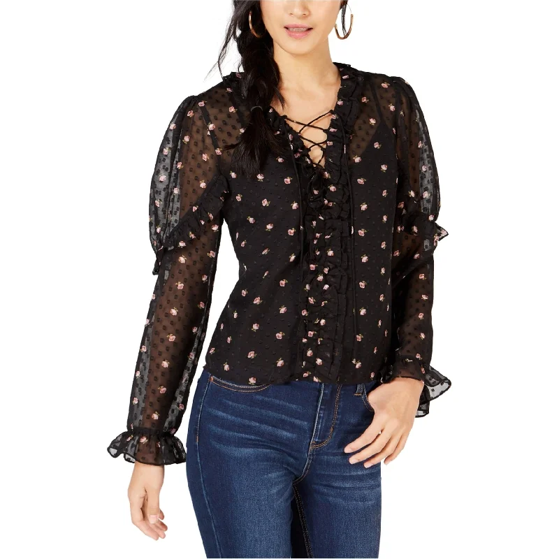 Leyden Womens Floral Print Lace-Up Sheer Pullover Blouse Cool Women's Distressed