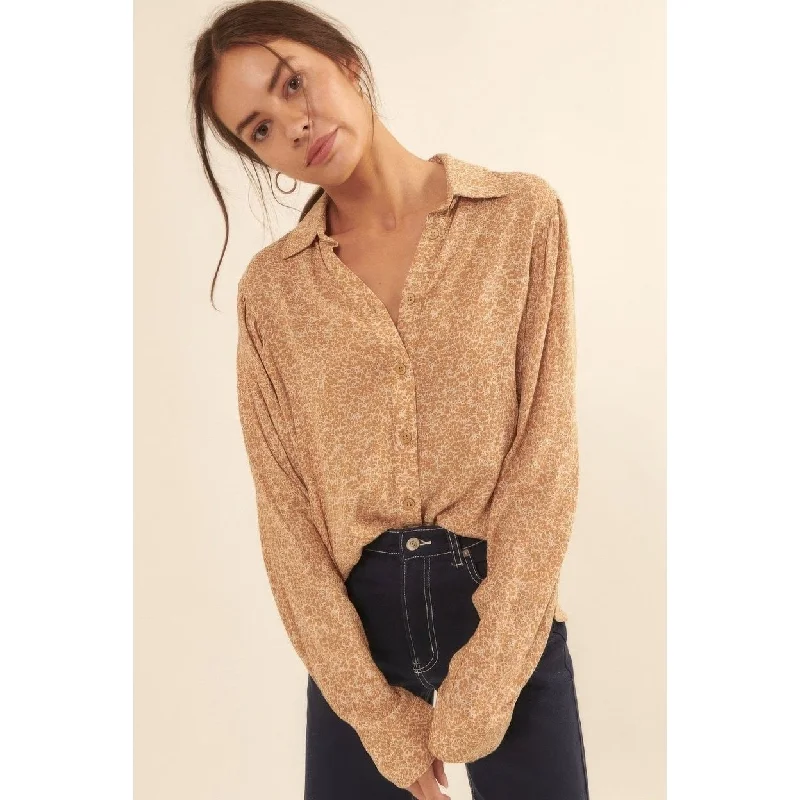 Collared Neckline FloralPrint Shirt Dapper Women's Bow - adorned