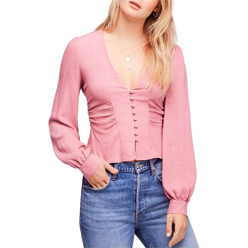 Free People Womens Maise Button Down Blouse, Pink, Large Traditional Women's 