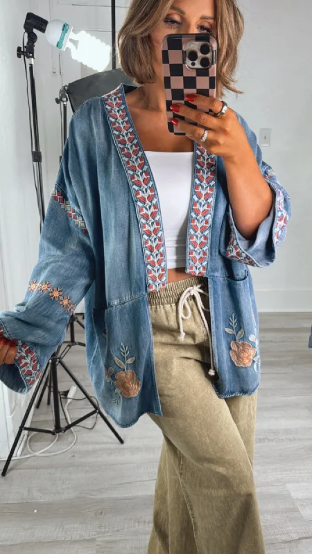 Safe Haven Denim Embroidered Open Front Kimono Top Laid - back Women's Vibe