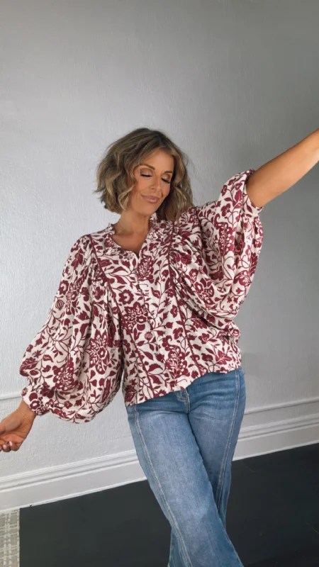 All In The Details Printed Blouse, Wine Cool Women's Distressed