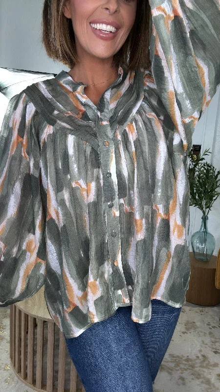 Good Graces Printed Bubble Sleeve Top, Green Earthy Women's Hemp - based