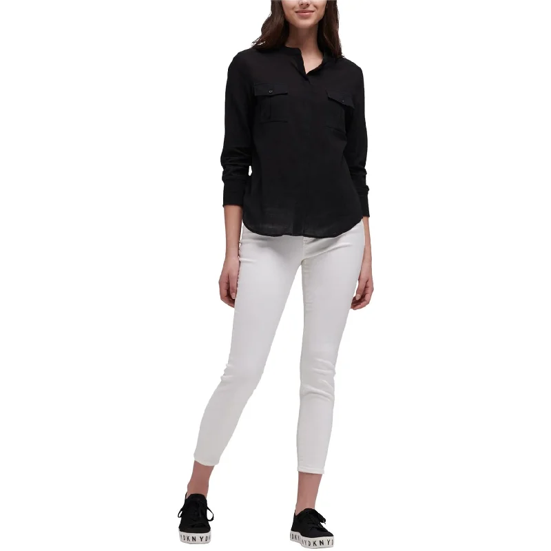 DKNY Womens Solid Button Up Shirt, Black, X-Small Cool Women's Skate