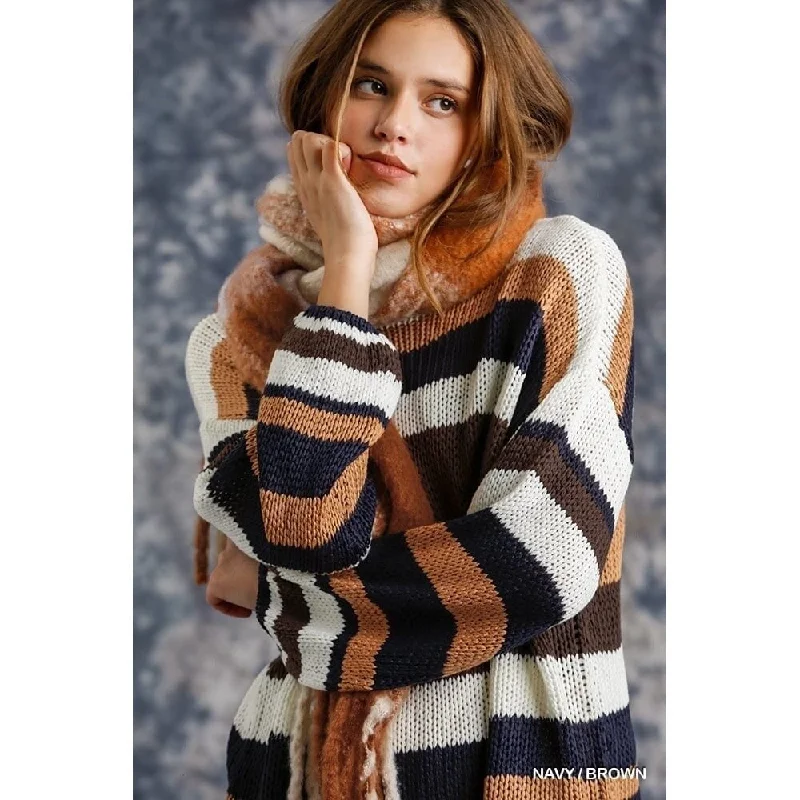 Multicolored Stripe Round Neck Long Sleeve Knit Sweater Elegant Women's 