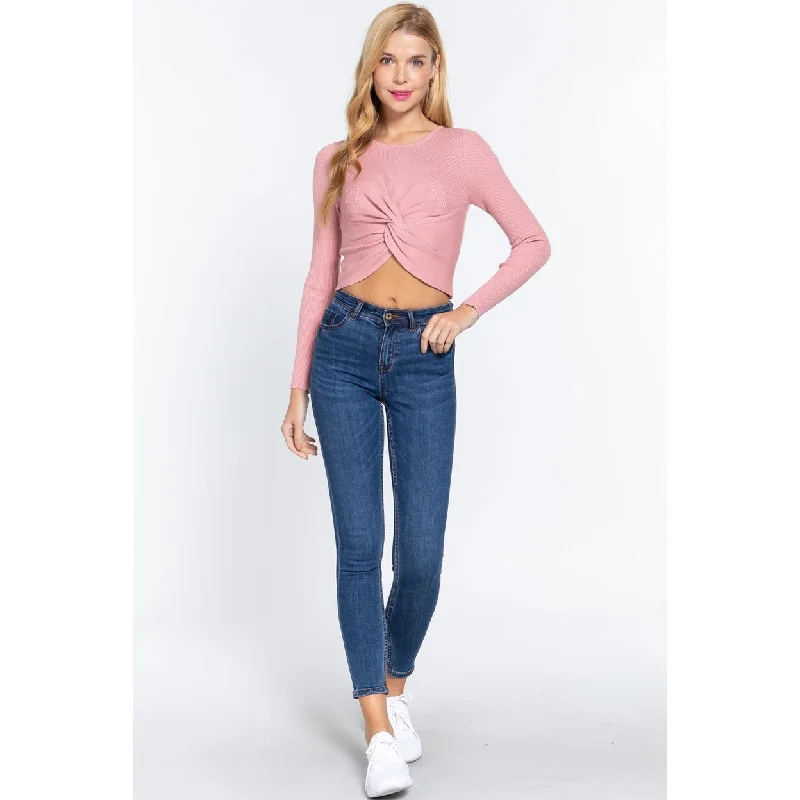 Crew Neck Knotted Crop Sweater Preppy Women's College