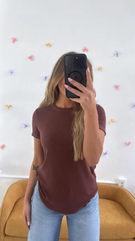 Best Basic Ribbed Tee Shirt, Espresso Trendy Women's 