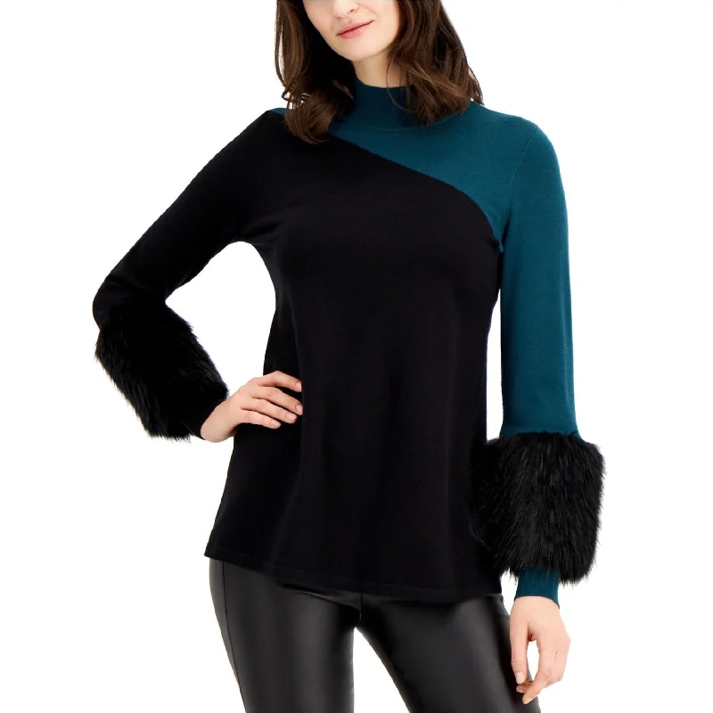 Alfani Womens Colorblocked Faux-Fur Cuffs Pullover Sweater Classic Women's Tweed